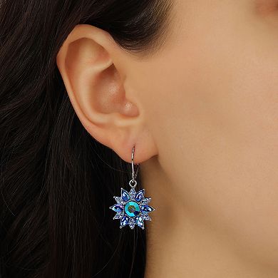 1928 Silver Tone Blue Flower Leverback Earrings