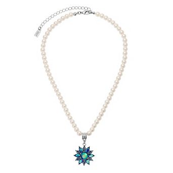 1928 Faux Pearl & Blue Flower Pendant Necklace