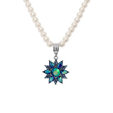 1928 Faux Pearl & Blue Flower Pendant Necklace