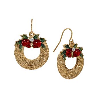 1928 Gold-Tone Christmas Wreath Bow Earrings