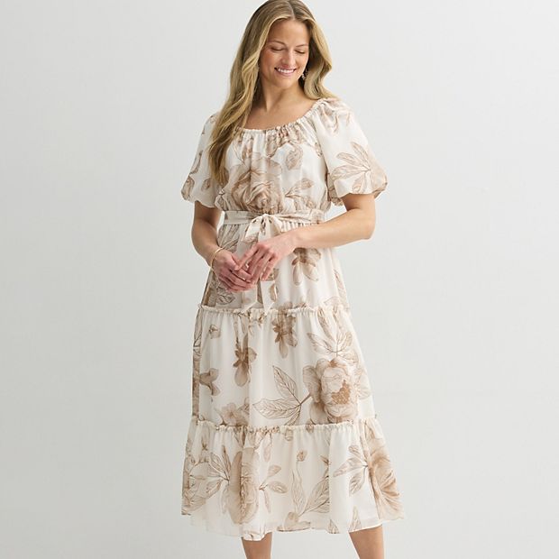 Women's Sandra Darren Puff Sleeve Tiered Maxi Dress, Size: 16, White Mocha
