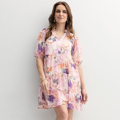 Women's Sandra Darren V-Neck Long Sleeve Tiered Mini Dress
