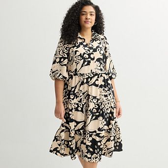 Plus Size Sandra Darren 3/4 Sleeve Collared Tiered Dress
