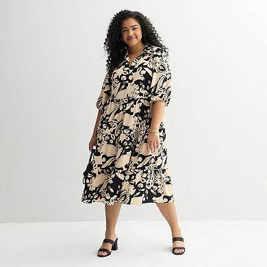 Plus Size Sandra Darren 3/4 Sleeve Collared Tiered Dress