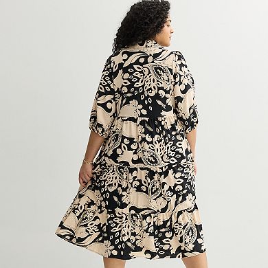 Plus Size Sandra Darren 3/4 Sleeve Collared Tiered Dress