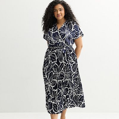 sandra darren pleated dress Plus Size Sandra Darren Surplice Pleated Midi Dress, Women's, Size: 14 Regular, Navy Ivory