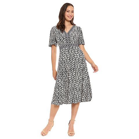 Женские платья London Women's London Times Framed V-Neck Flutter Sleeve Fit & Flare Inset Waist Midi Dress