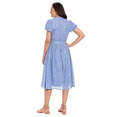 Women's London Times Ruffle Neck Bubble Sleeve Midi Dress