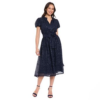 Women's London Times Ruffle Neck Bubble Sleeve Midi Dress