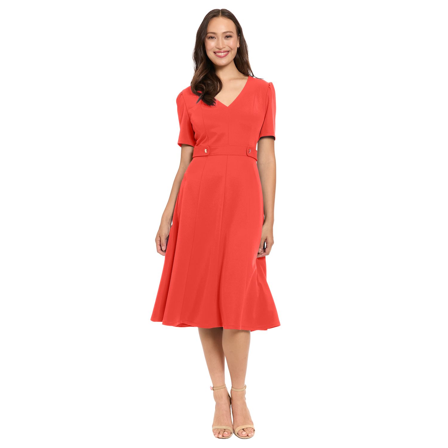Женское платье London Times V-Neck Side Tab Midi, цвет: Cayenne