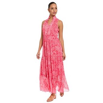 Women's London Times Ruffle Neck Smocked Waist Sleeveless Tiered Maxi Dress