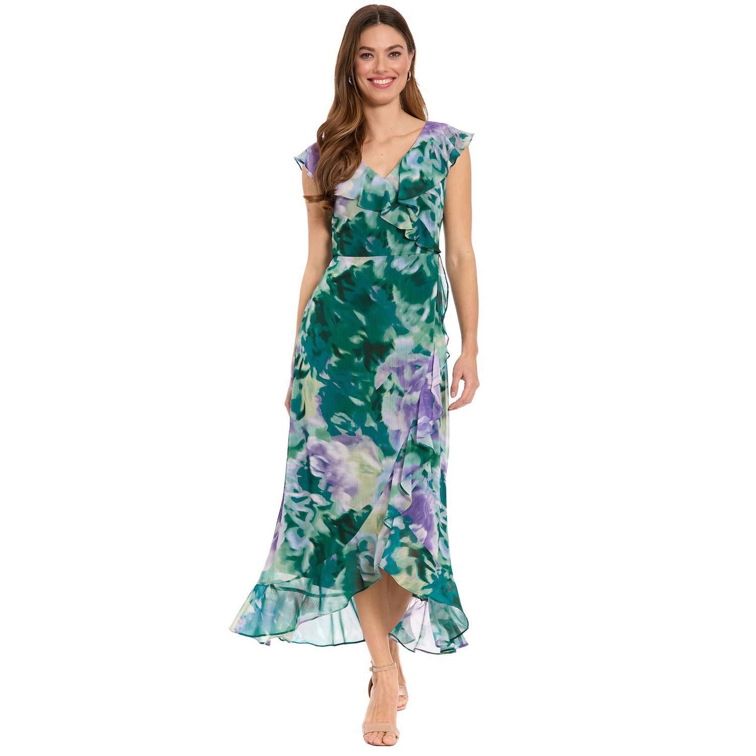 Женские платья London Times V-Neck Ruffle Wrap Maxi Dress