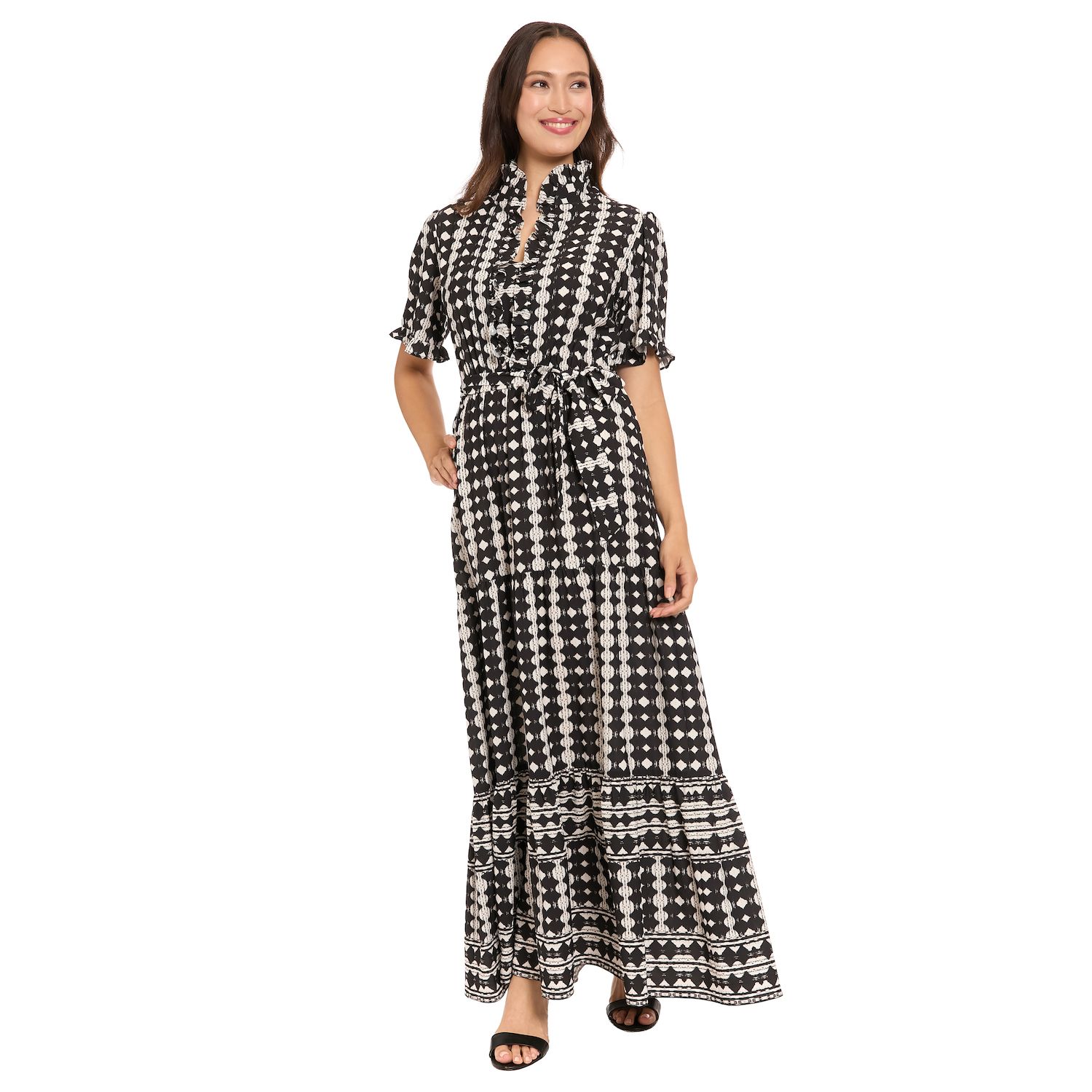 Женские платья London Times Ruffle Neck Elbow Sleeve Tiered Maxi Dress With Self Belt