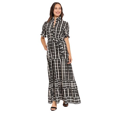 Женские платья London Women's London Times Ruffle Neck Elbow Sleeve Tiered Maxi Dress With Self Belt