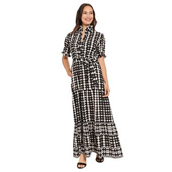 Women's London Times Ruffle Neck Elbow Sleeve Tiered Maxi Dress With Self Belt