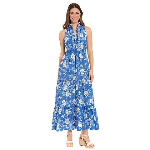 Женские платья London Women's London Times Ruffle Neck Smocked Waist Tiered Maxi Dress