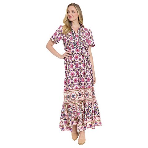 Женские платья London Women's London Times Ruffle Neck Elbow Sleeve Tiered Maxi Dress With Self Belt