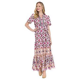 Women's London Times Ruffle Neck Elbow Sleeve Tiered Maxi Dress With Self Belt