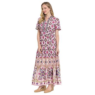 Women's London Times Ruffle Neck Elbow Sleeve Tiered Maxi Dress With Self Belt