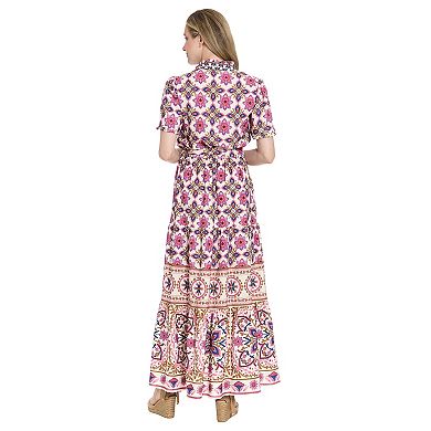 Women's London Times Ruffle Neck Elbow Sleeve Tiered Maxi Dress With Self Belt