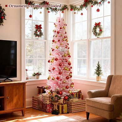Costway 5/6/7/8 FT Artificial Pink Christmas Tree w/328/460/635/1000 Branch Tips Folding Metal Stand