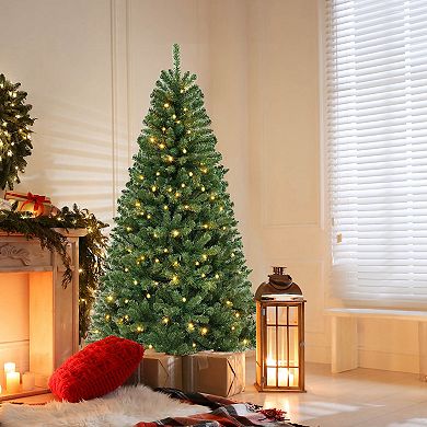 Costway 6/7/8 FT Christmas Tree with 568 PVC Branch Tips 200 Warm White LED Lights Gloves