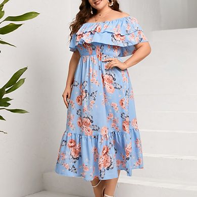 Plus Size Off Shoulder Maxi Summer Dress Double Ruffle Hem A Line Casual Flowy Elagant Dress