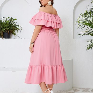 Plus Size Off Shoulder Maxi Summer Dress Double Ruffle Hem A Line Casual Flowy Elagant Dress