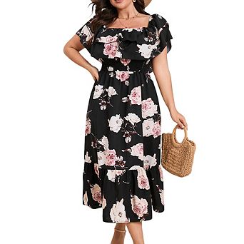 Plus Size Off Shoulder Maxi Summer Dress Double Ruffle Hem A Line Casual Flowy Elagant Dress