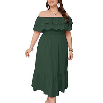 Plus Size Off Shoulder Maxi Summer Dress Double Ruffle Hem A Line Casual Flowy Elagant Dress