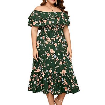 Plus Size Off Shoulder Maxi Summer Dress Double Ruffle Hem A Line Casual Flowy Elagant Dress