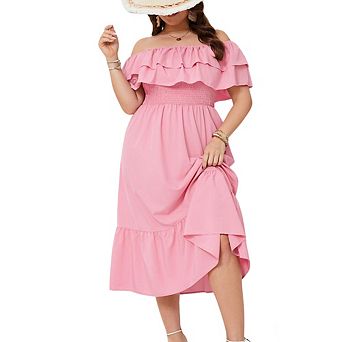 Plus Size Off Shoulder Maxi Summer Dress Double Ruffle Hem A Line Casual Flowy Elagant Dress