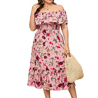 Plus Size Off Shoulder Maxi Summer Dress Double Ruffle Hem A Line Casual Flowy Elagant Dress