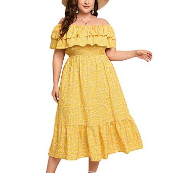 Plus Size Off Shoulder Maxi Summer Dress Double Ruffle Hem A Line Casual Flowy Elagant Dress