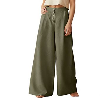 Women's High Waist Wide Leg Pants Button Front Long Linen Blend Casual Trousers