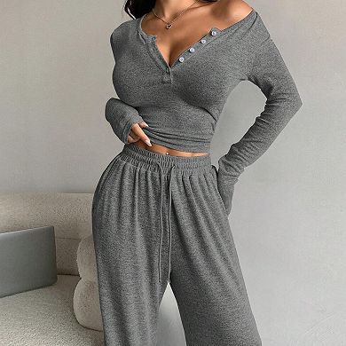Women's Short Sleeve V-Neck Button Down Top and Wide Leg Pants Set Stretchy Comfort Outfit
