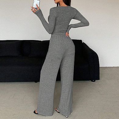 Women's Short Sleeve V-Neck Button Down Top and Wide Leg Pants Set Stretchy Comfort Outfit