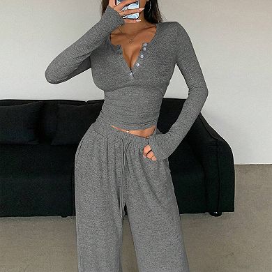 Women's Short Sleeve V-Neck Button Down Top and Wide Leg Pants Set Stretchy Comfort Outfit