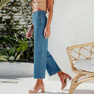 Women's High Waist Straight Leg Jeans, Ankle Length Single Button Fly Denim Pants