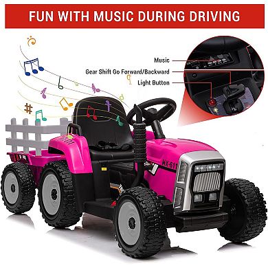 12V Kids Tractor with 35W Motor & Trailer, Remote Control, 2+1 Gear Shift, LED Lights for 3+ Years