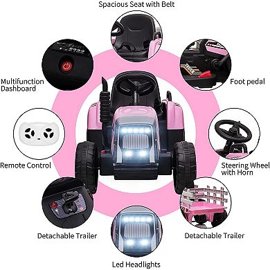 12V Kids Ride-On Tractor w/ Trailer & Remote Control, 2+1 Gear Shift, LED Lights,Toy for 3-6 Years