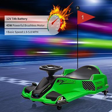 12V Kids Drift Go-Kart with 5-Wheel Stability, High/Low Variable Speed, Front & Tail LED Lights