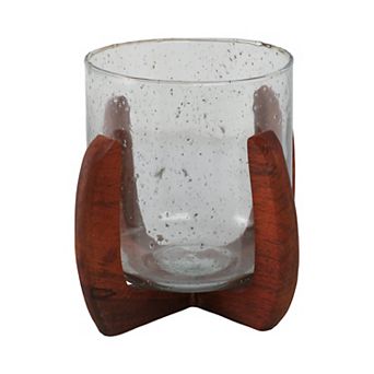 Textured Glass Pillar and Taper Candle Holder with Mango Wood Base
