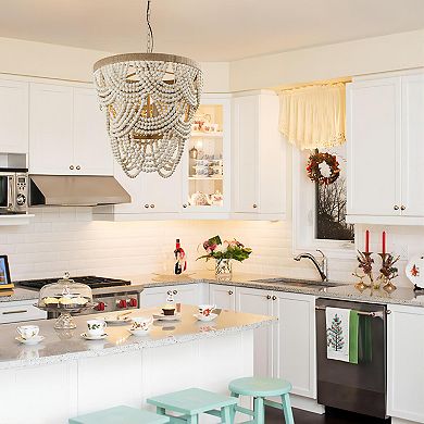 Parrot Unlce 19.7" Farmhouse Layered Wood Beads Basket Chandelier Hanging Light