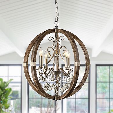 Parrot Unlce 21" Weathered Wooden 4-Light Crystal Orb Chandelier Light