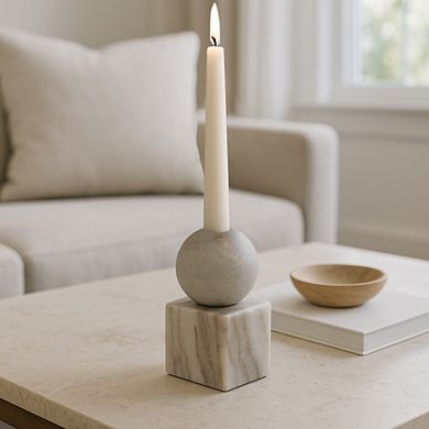 Modern Decorative Marble Taper Candle Holder, Ball On Cube Design