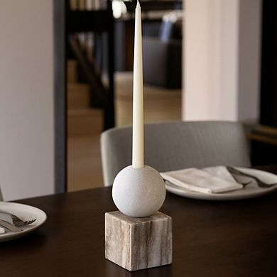 Modern Decorative Marble Taper Candle Holder, Ball On Cube Design