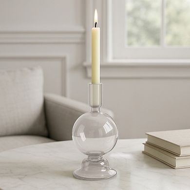 Glass Taper Candle Holder with Rounded Globe Pedestal Base Design