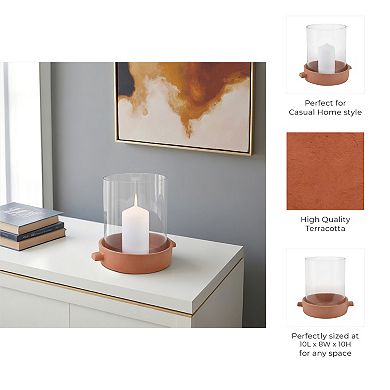 Sagebrook Home Pottery & Glass Pillar Candle Holder - Modern Terracotta Base, Rustic Look