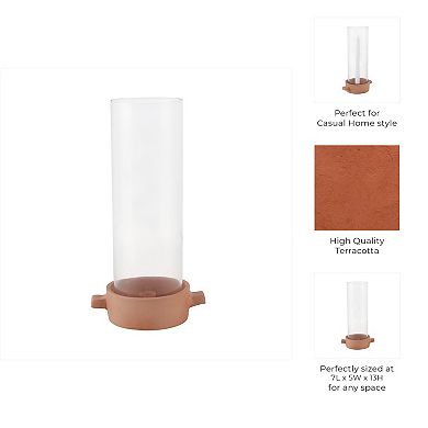 Pottery Glass Pillar and Taper Holder Rustic Base and Hurricane Sleeve